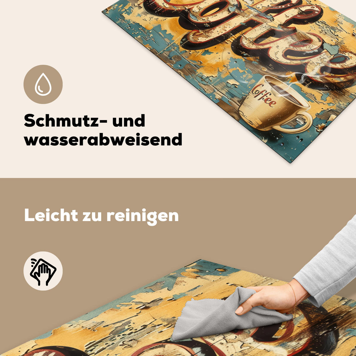 HERDABDECKPLATTE Kaffee - Vintage - Braun - Tasse Ceranfeldabdeckung 85x52 cm - Teakfarben, Kunststoff (85/52/0.2cm) - MuchoWow
