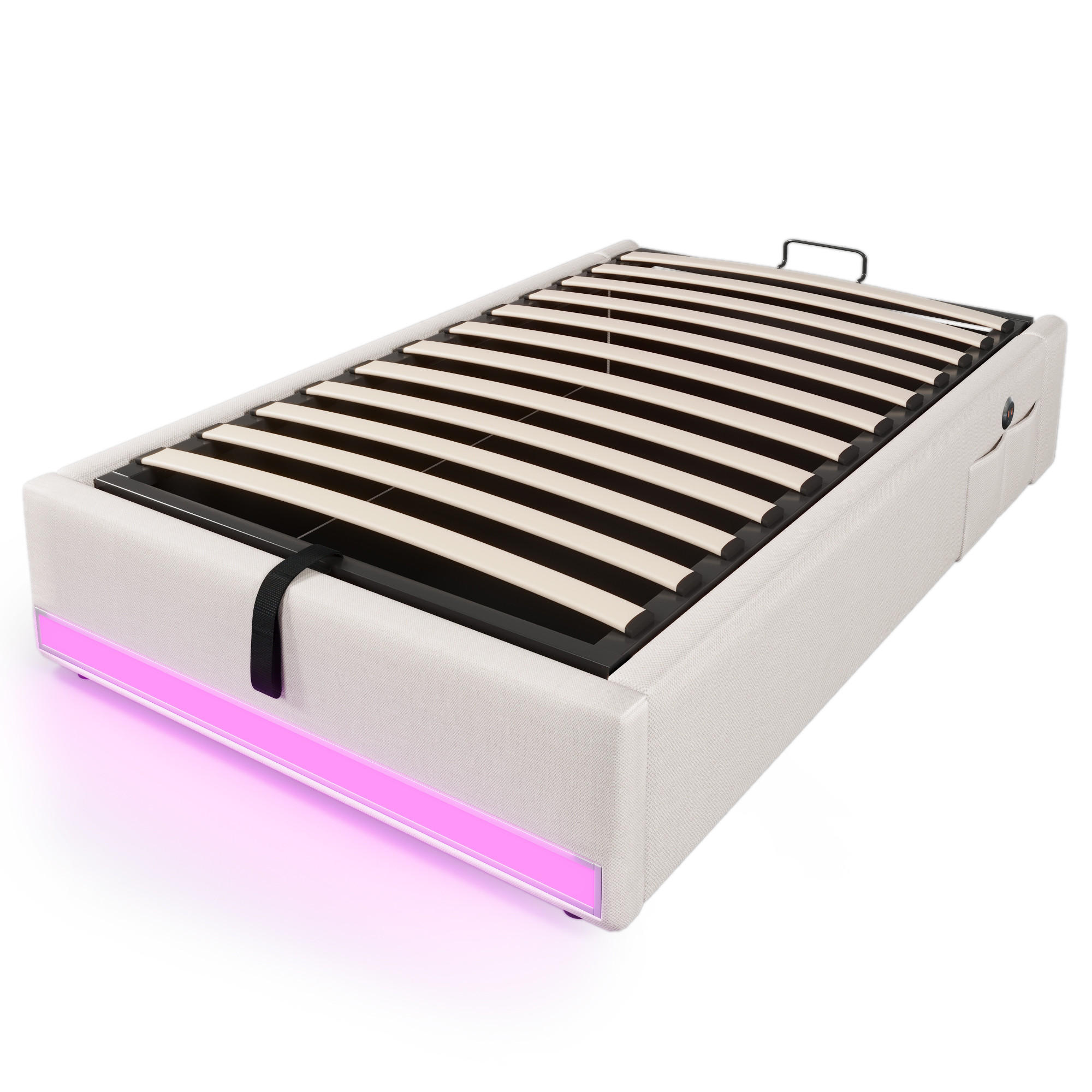 STAURRAUMBETT 90/200 cm DE-03273, mit LED und Hydraulik (ohne Kopfteil), in Beige - Beige, Holzwerkstoff (90/200cm) - ComfortXL