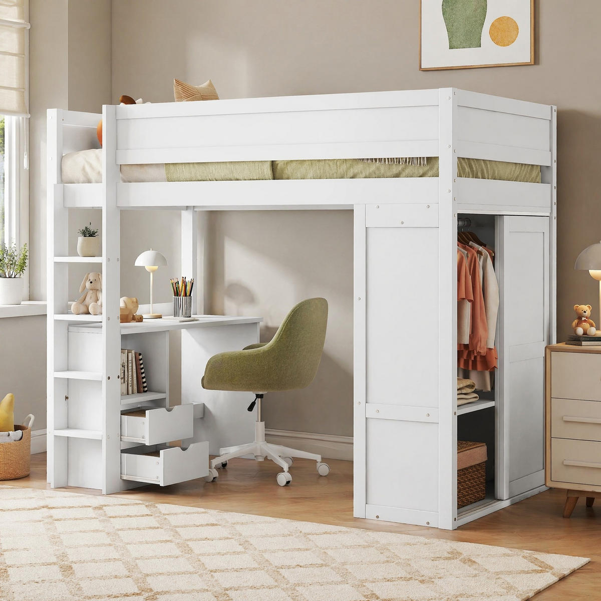 HOCHBETT 90/200 cm Weiß aus Kiefernholz und MDF mit Schreibtisch und Kleiderschrank - Weiß, Holz (90/200cm) - OKMYHOME