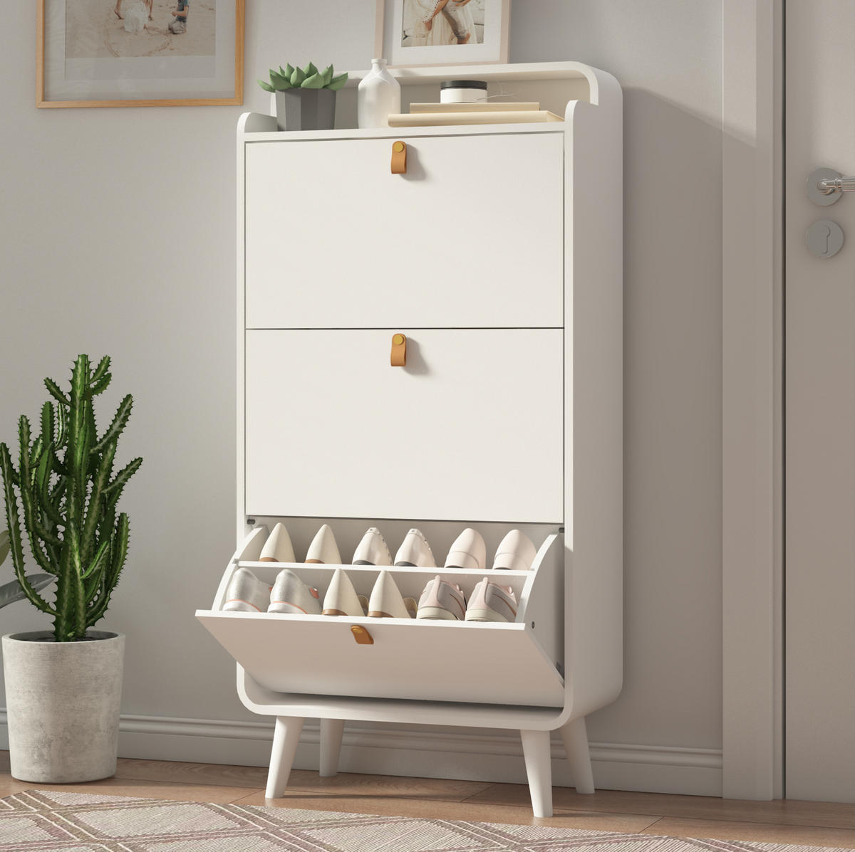 SCHUHSCHRANK mit 3 Klapptüren, platzsparendem Design und herausnehmbaren Trennwänden, Weiß - Weiß, Holzwerkstoff (63/133.7/29.5cm) - Redom