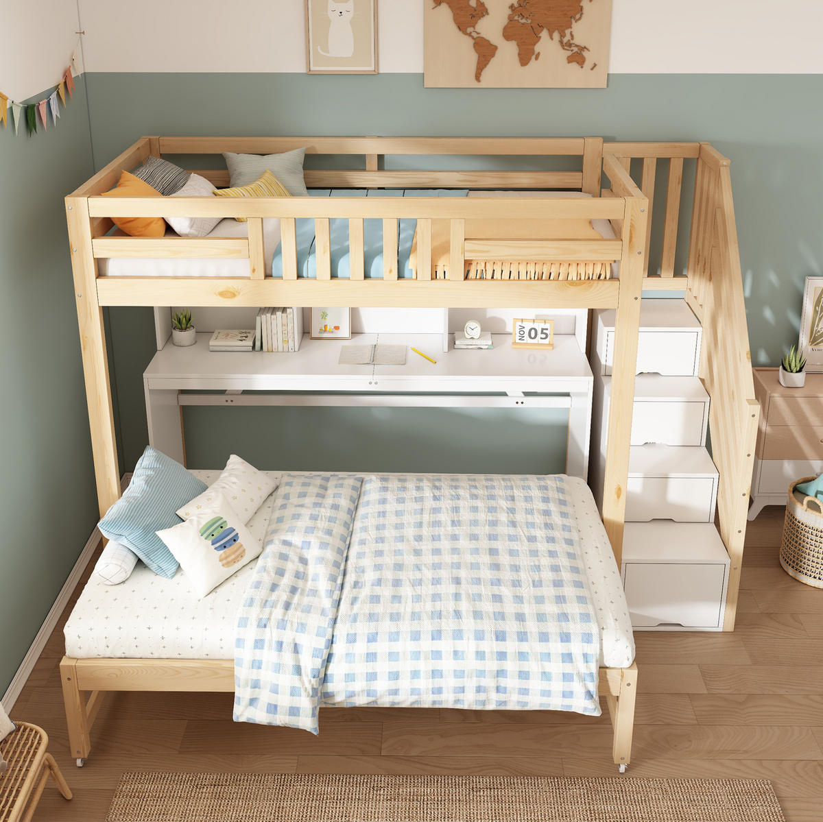 ETAGENBETT 90x200/90x190 cm in Weiß und Eichefarben mit Ausziehbett und Schreibtisch - Eichefarben, Holz (90/200cm) - IVMEU