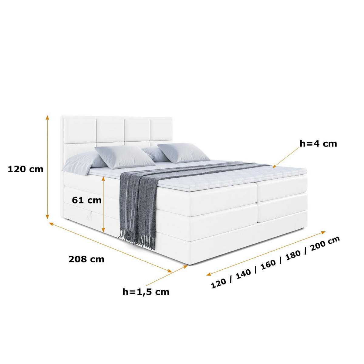 BOXSPRINGBETT NOVA KING - 140 x 200 - H3/H4 - Weiß Hochglanz - Weiß Hochglanz, Holzwerkstoff (140/200cm) - ALTDECOR
