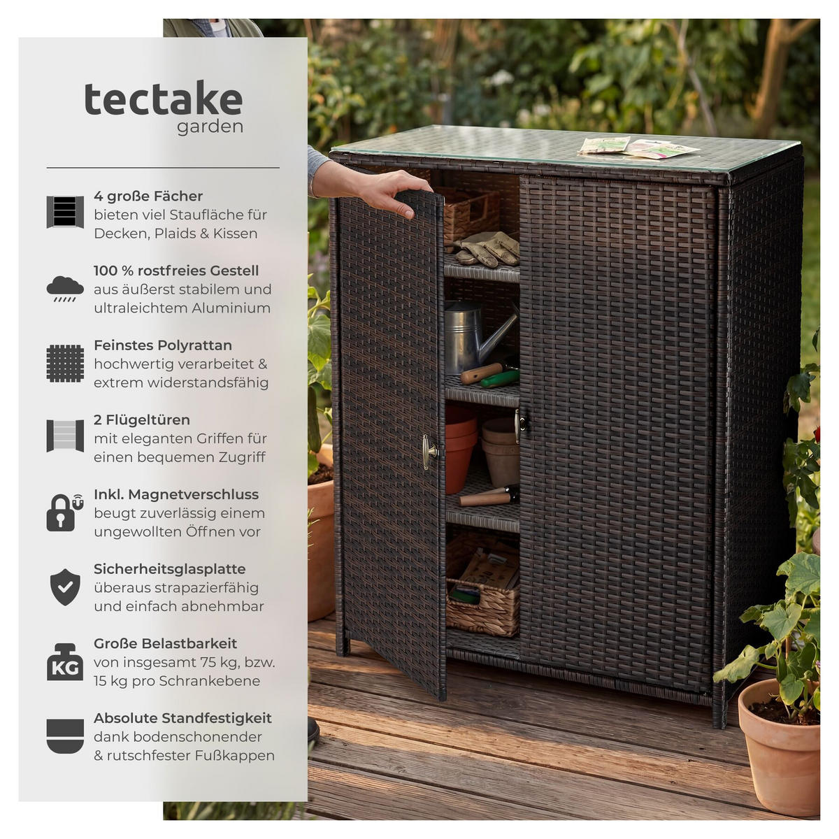 GARTENSCHRANK aus Aluminium Monza, 84,5 x 40,5 x 103,5 cm, braun - Braun, Kunststoff (84.5/103.5/40.5cm) - tectake