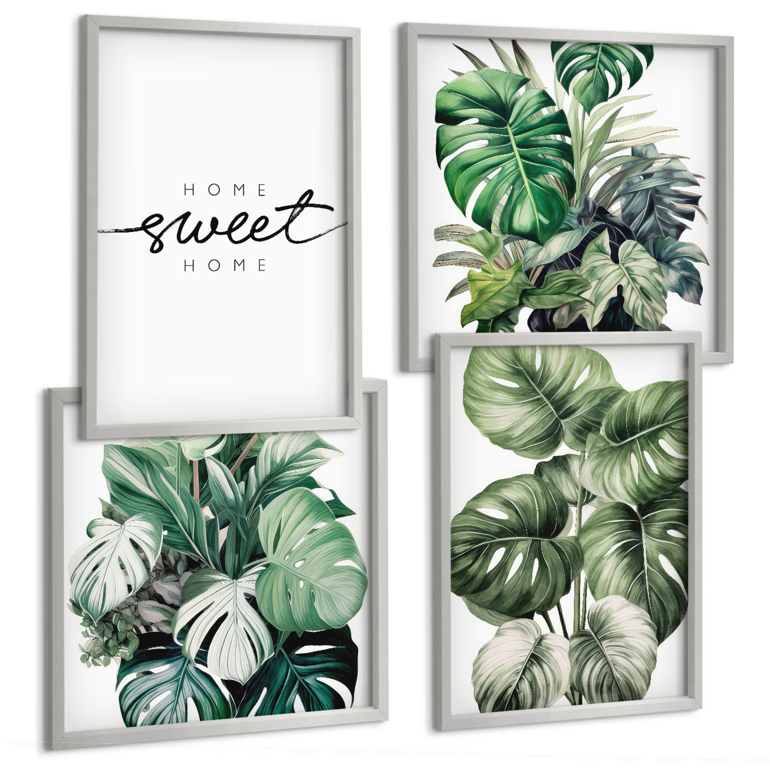 BILDER SET 4er Set - 50x50 cm & 40x60 cm Silberner Rahmen - Sweet Home Green Plants - Silberfarben, Kunststoff (50/50cm) - TULUP