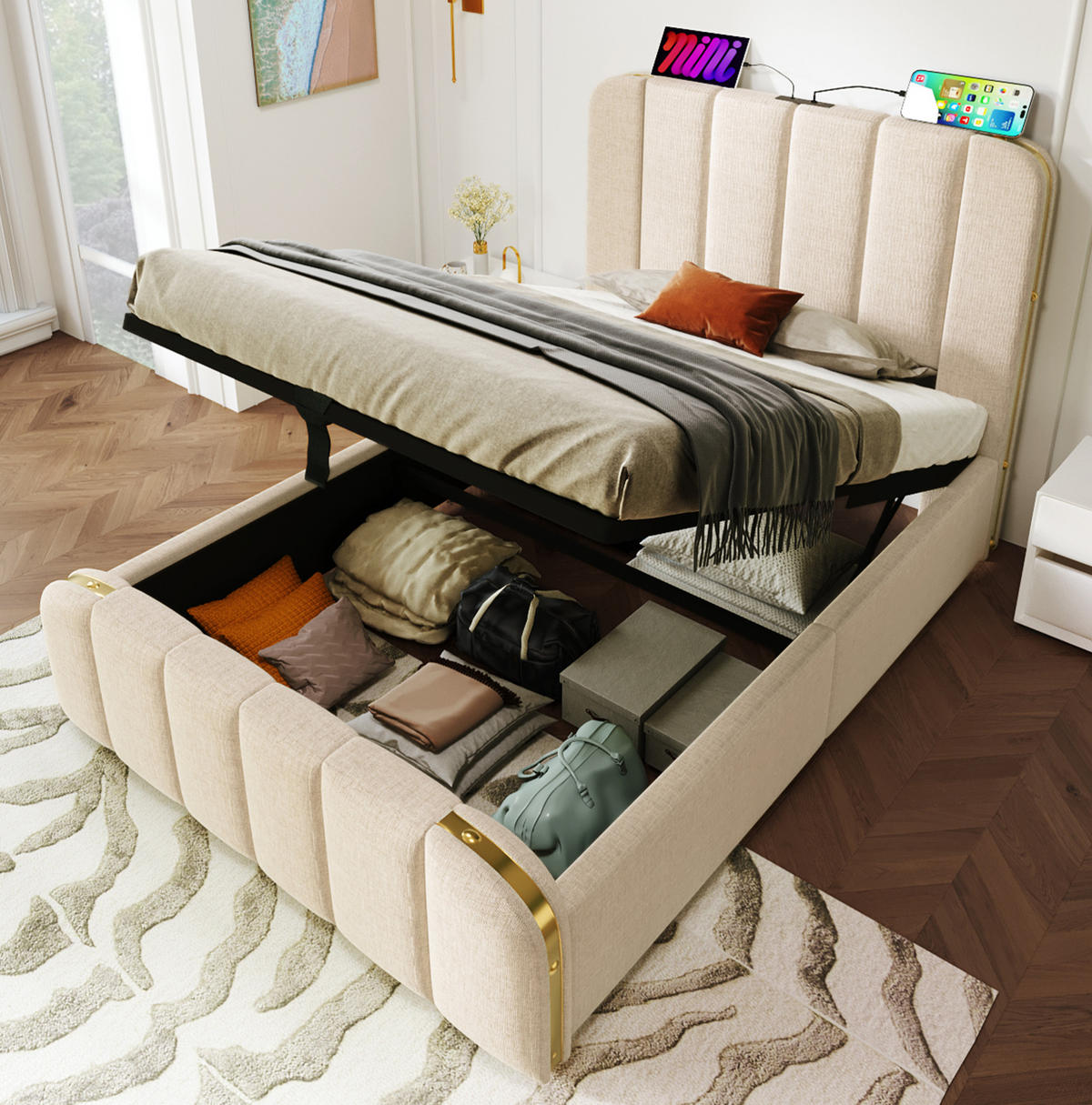 BETT mit Stauraum und USB/Typ-C 90x200 cm Leinen Beige - Beige, Metall (90/200cm) - Meubliv