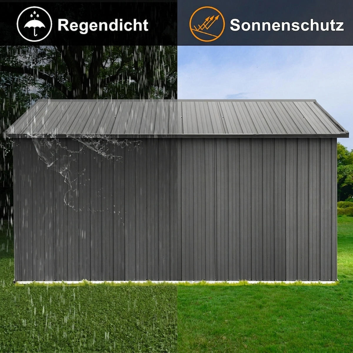 GERÄTEHAUS 374.9/307.8/204.8 cm Grau mit Tür, Schloss, Fenster, klappbarem Tisch und Regalen (10,34m²) - Grau, Metall (307.8/204.8/374.93cm) - Oxeza