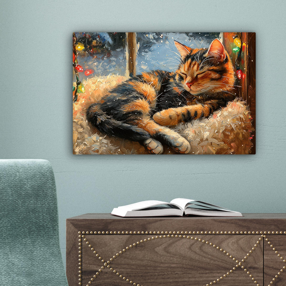 LEINWANDBILD Katze - Weihnachten - Winter - Tier 30x20 cm - Bernsteinfarben, Textil (30/20cm) - MuchoWow