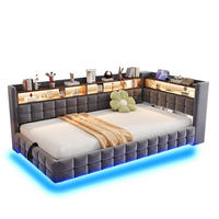 ČALOUNĚNÁ postel 90/200 cm s hydraulickým úložným prostorem, LED, USB, Typ-C a policemi, samet, Šedá - šedá, textil (90/200cm) - Redom