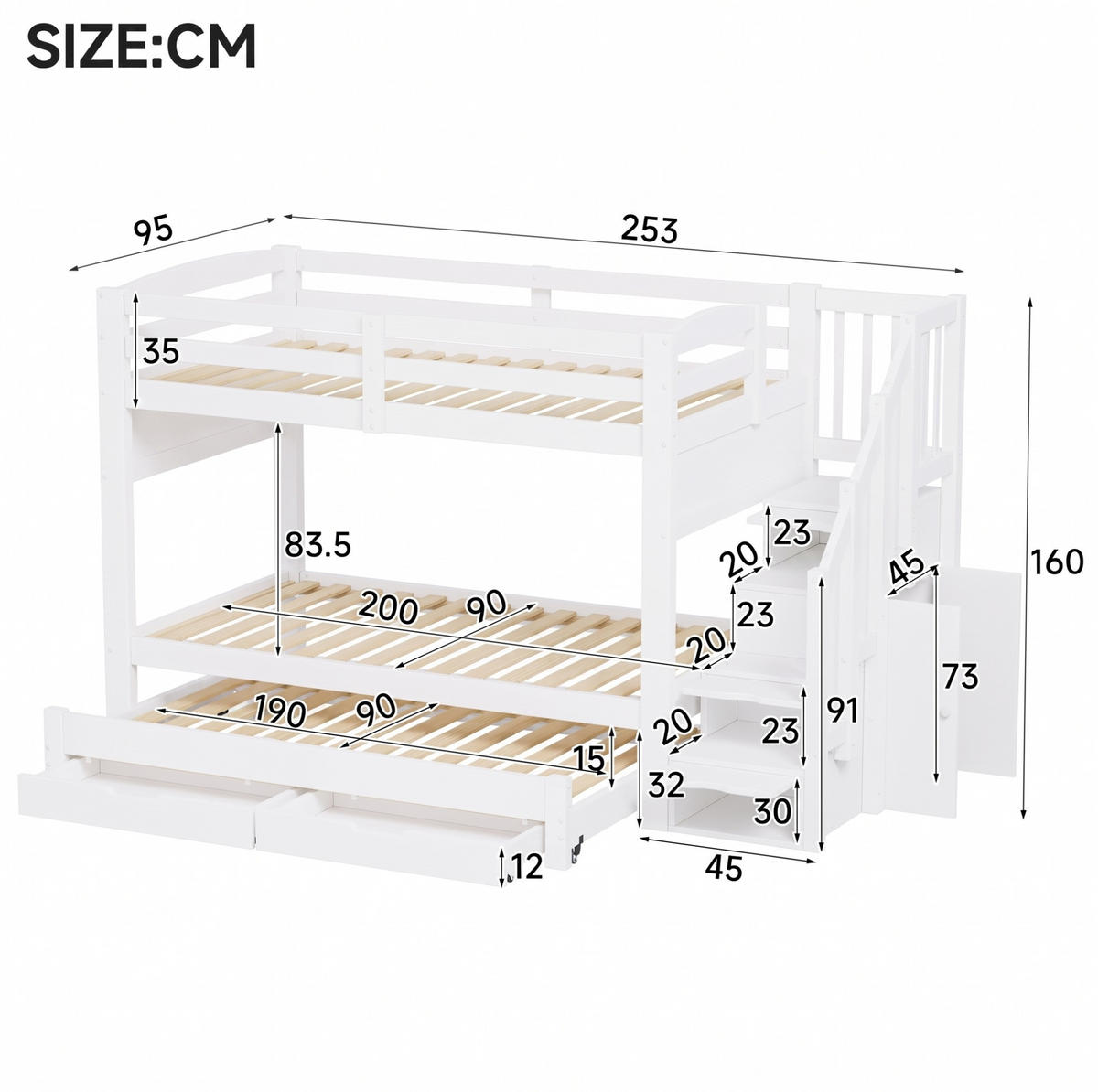 ETAGENBETT aus MDF und Kiefer 90x200 cm Weiß mit Ausziehbett, Stauraumtreppe und Kleiderschrank - Weiß, Holzwerkstoff (90/200cm) - Modfu