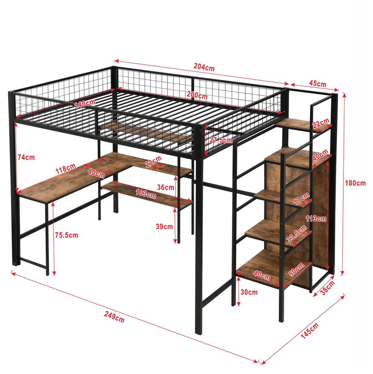 HOCHBETT 140/200 cm Schwarz aus Metall und MDF mit Schreibtisch und Kleiderschrank - Schwarz, Metall (140/200cm) - OKMYHOME