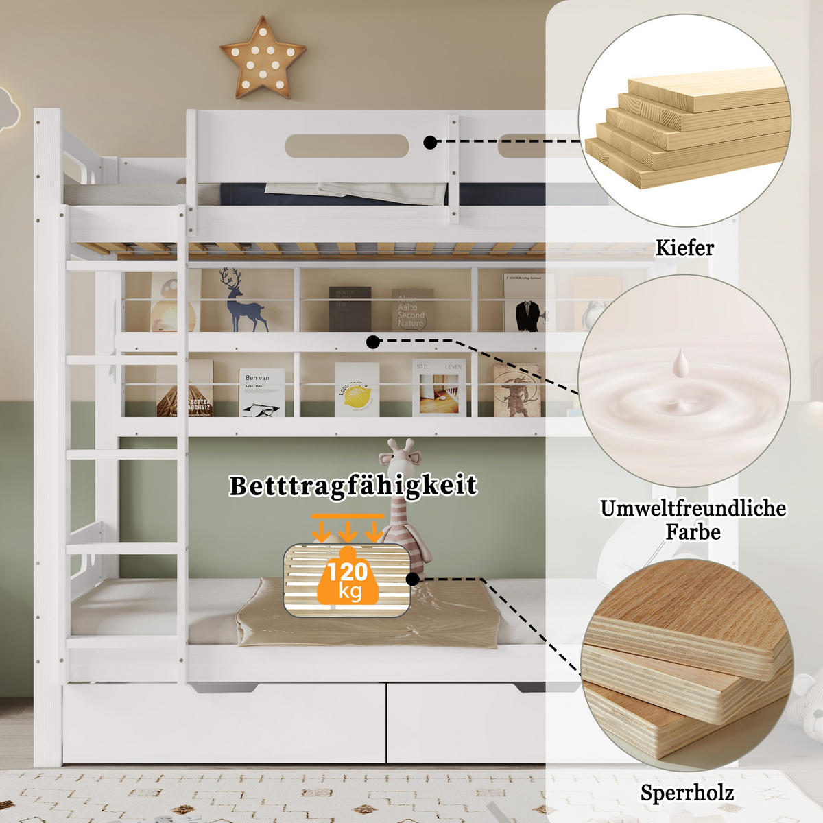 ETAGENBETT 90x200 cm Schubladen Regal weiß - Weiß, Holz (90/200cm) - LEBENLANG