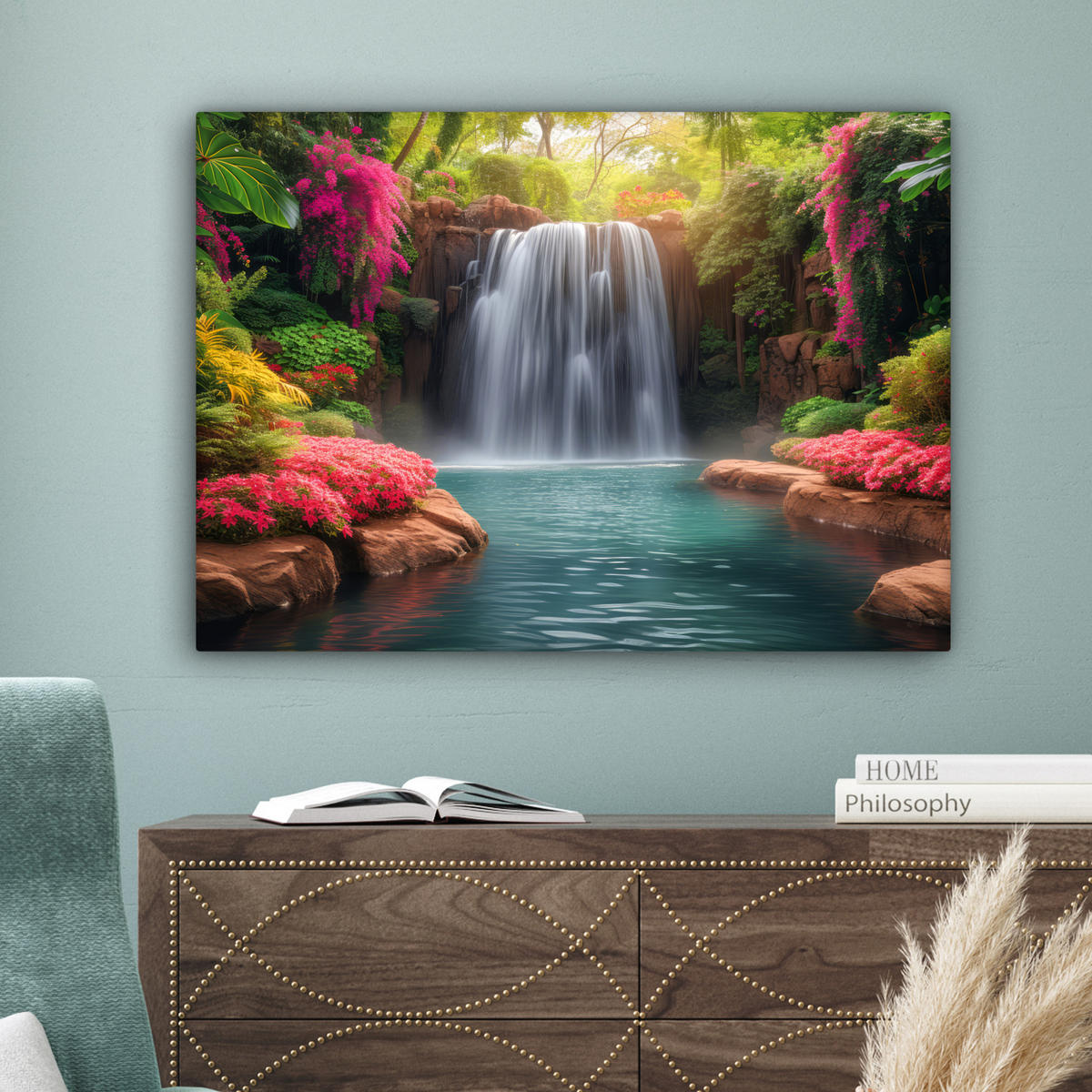 LEINWANDBILD Wasserfall - Natur - Pflanzen - Dschungel - Wasser Wandbilder 80x60 cm - Grün, Textil (80/60cm) - MuchoWow