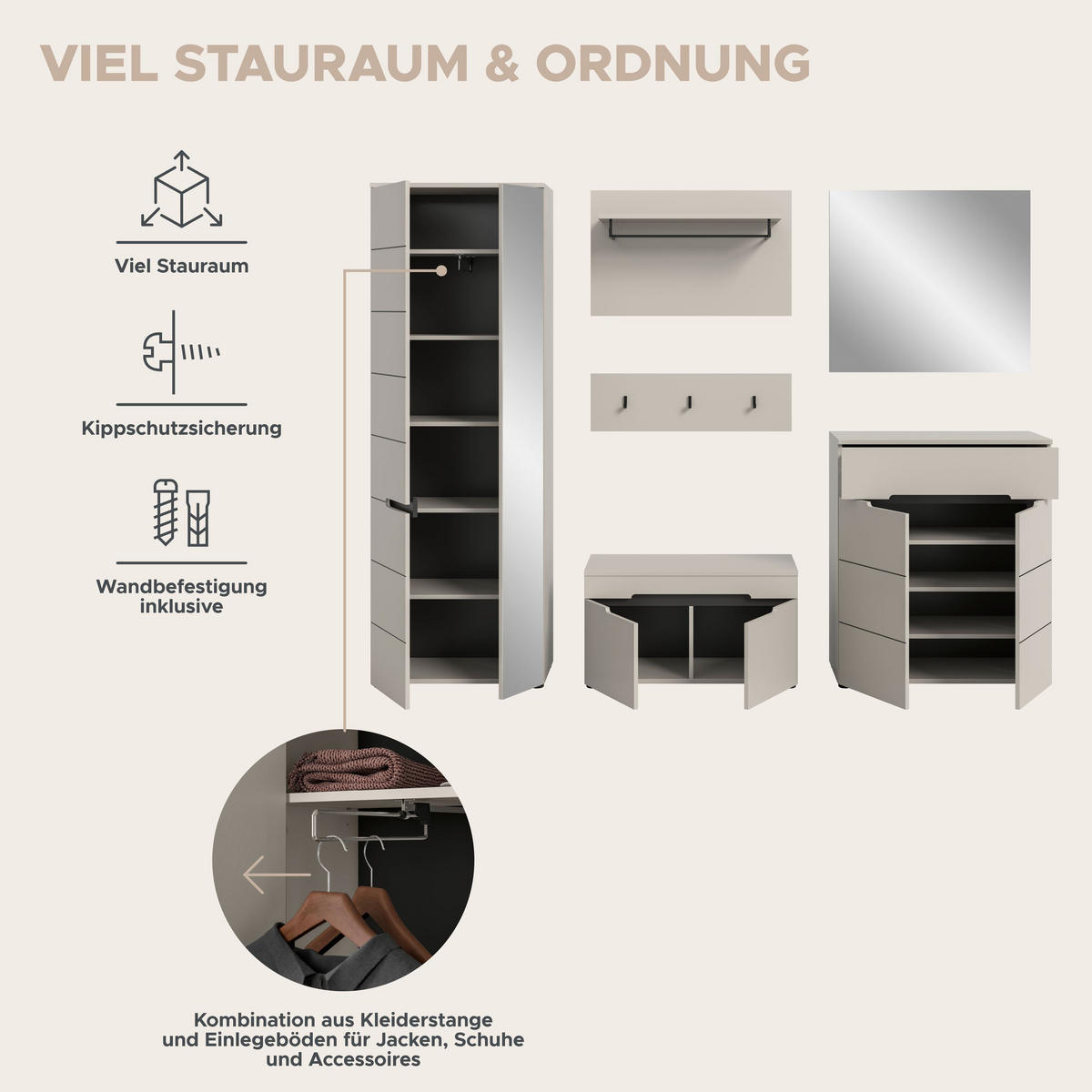 GARDEROBE Nova 3-tlg. (B/H/T: ca. 160/190/37 cm) in Basalt grau/weiß - Kaschmir, Holzwerkstoff (160/190/37cm) - Homes & Jones