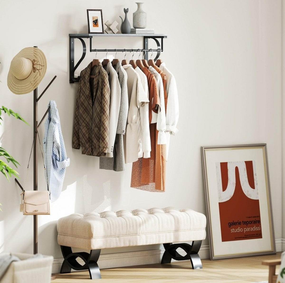 WANDGARDEROBE Grau aus Holz mit Ablagefach und 5 Haken - Grau, Holz (25/35.4/70cm) - OKMYHOME