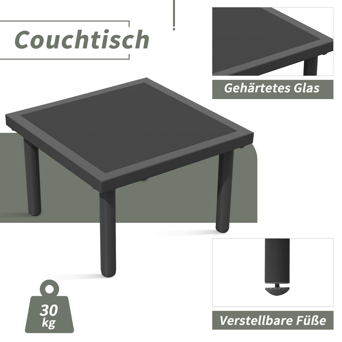 GARTENLOUNGE-SET 6er-Set Gartenmöbel Set Outdoor Sitzgruppe mit Sofa und Glas Tisch - Schwarz/Grau, Textil/Metall - STILVORA