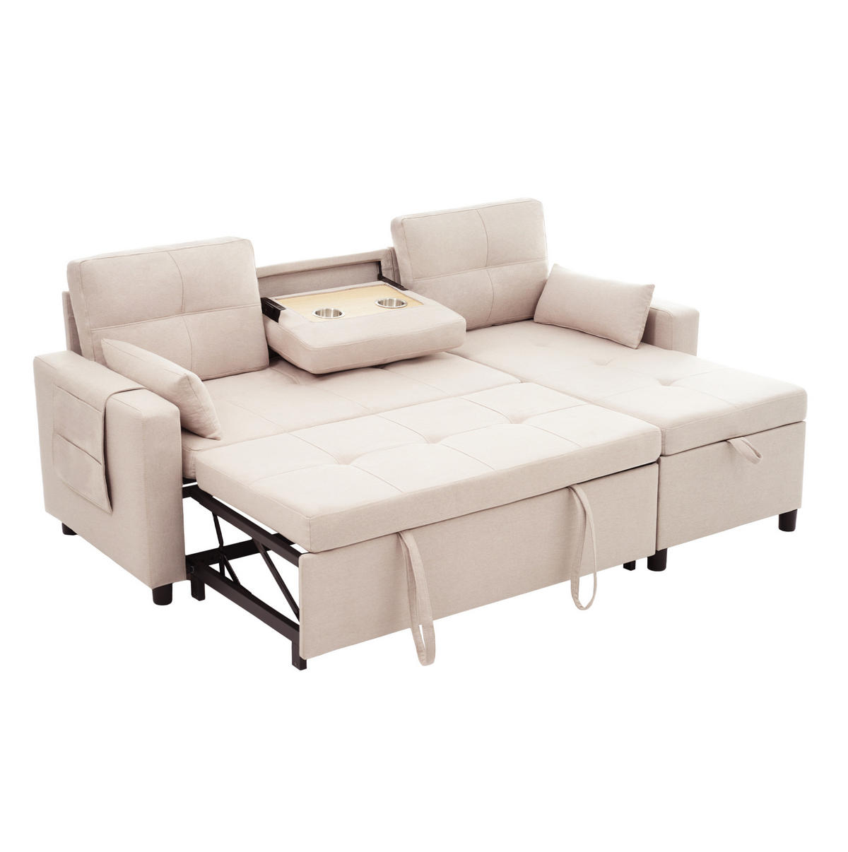 L-FÖRMIGES Schlafsofa aus Leinen mit Stauraum & Getränkehalter, 211/136/87 cm, Beige - Beige, Textil (136/87/211cm) - Redom