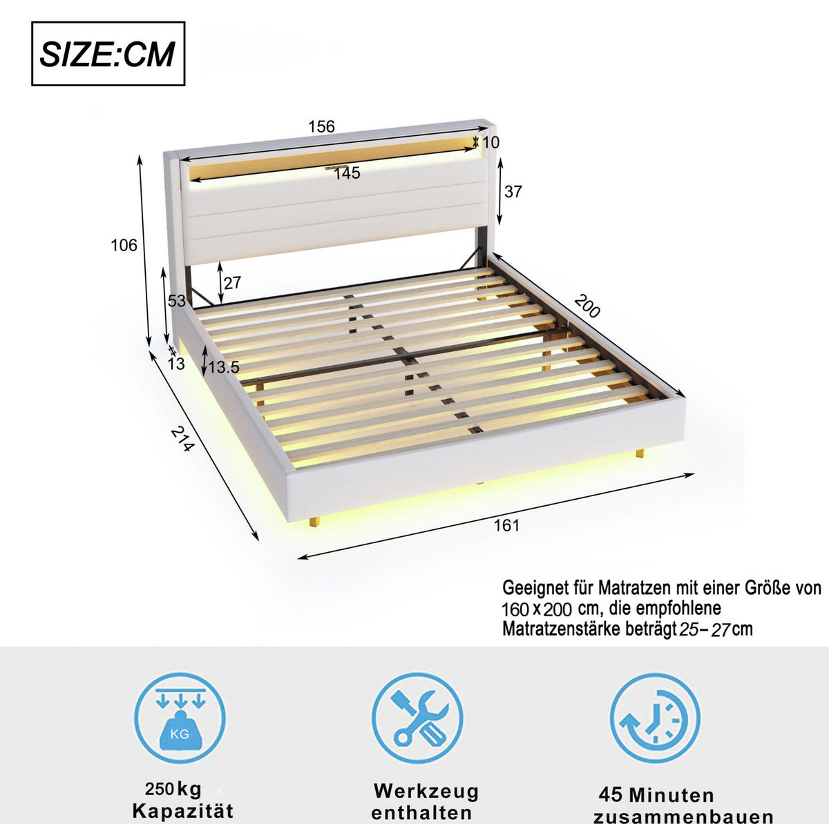 POLSTERBETT mit Leinenstoff 160x200 cm Beige mit LED-Beleuchtung, USB-Steckdose und Stauraum - Beige, Textil (160/200cm) - IVMEU