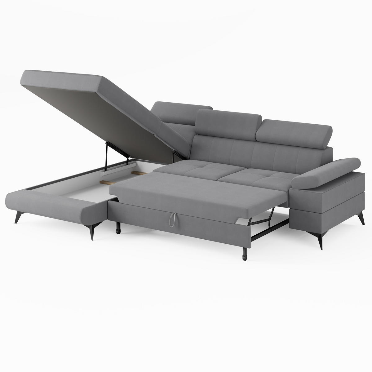 ECKSOFA VENTO Links Ecru Velours Easy Clean L-Form Couch mit Schlaffunktion & Bettkasten - Ecru/Schwarz, Holz (190/261cm) - Barchello