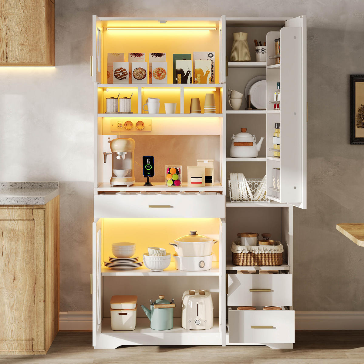 BUFFET 105/39/185 cm Weiß mit farbwechselnder LED-Beleuchtung und 2 Schublade - Weiß, Holz (105/185/40cm) - Oxeza