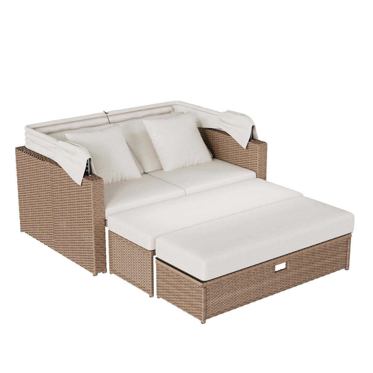 GARTENLOUNGE 136/94/142 cm khaki aus PE-Rattan und Polyester mit Markise und höhenverstellbarem Tisch - Beige, Metall - OKWISH
