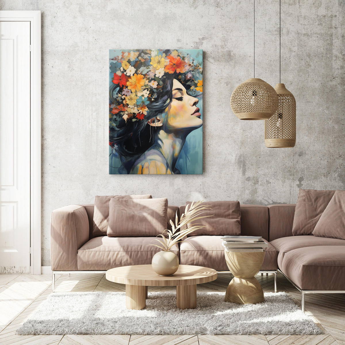LEINWANDBILD Frau Porträt Gesicht Blumen 50x70 - Blau/Beige, Textil (50/70cm) - Muralo