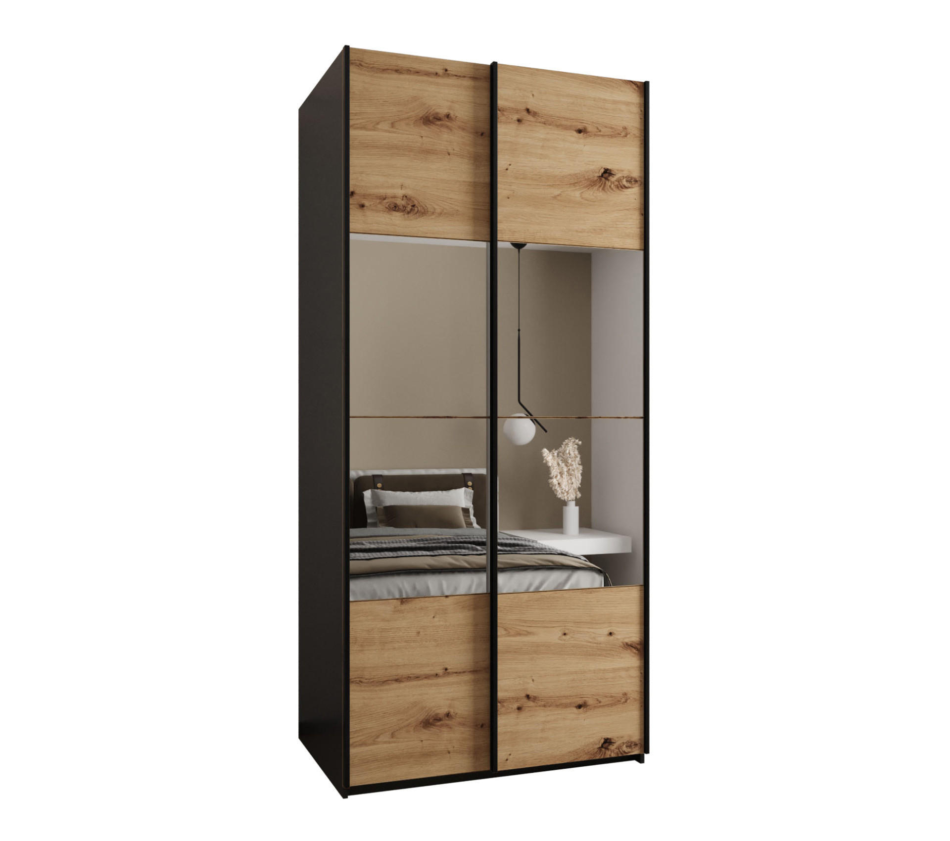Abiks Möbel Schwebetürenschrank Schwarz, Eiche Artisan, Schwarz 120x245x64 cm