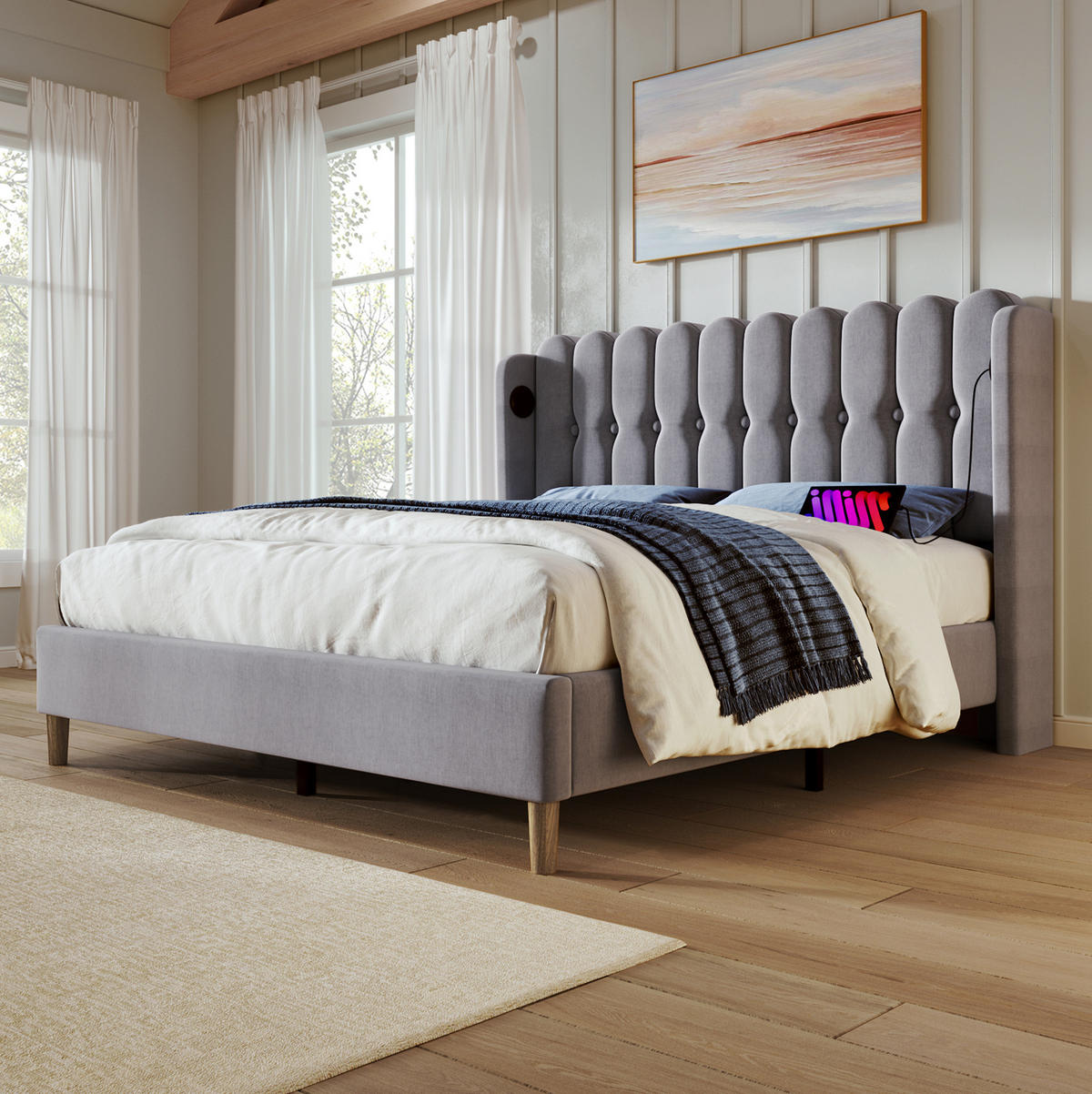 POLSTERBETT 160/200 cm Grau aus Leinen mit USB- und Type-C-Anschlüssen - Grau, Textil (160/200cm) - Flora Grace