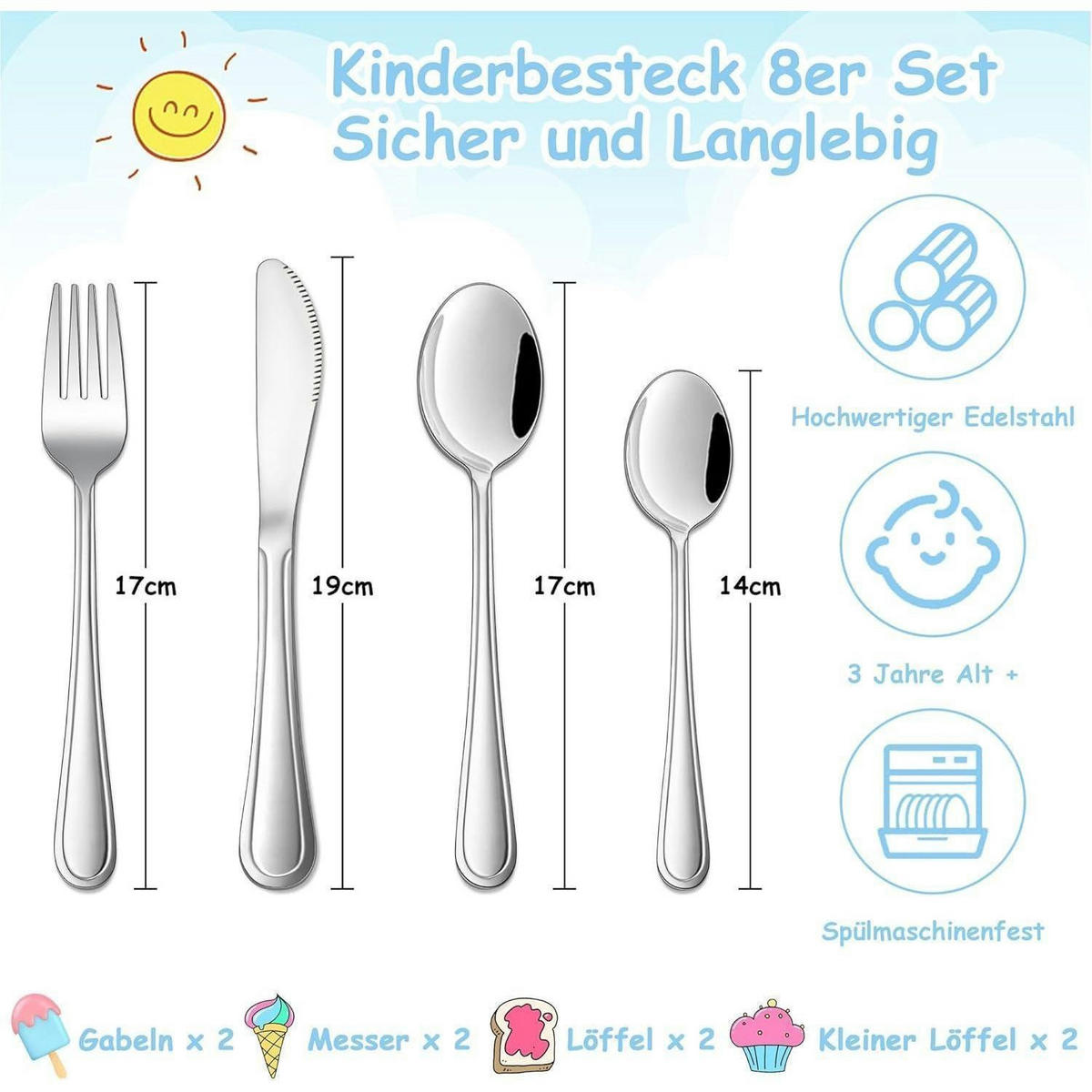 KINDERBESTECK 8-teiliges Set Edelstahl - Silberfarben, Metall