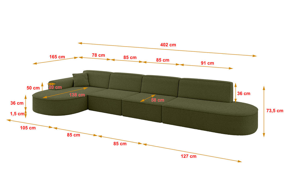ECKSOFA Ottomane Links MARI-L3 - 402x163x73,5 cm Grün Bouclé - Schwarz/Grün, Holzwerkstoff/Kunststoff (165/406cm) - ALTDECOR