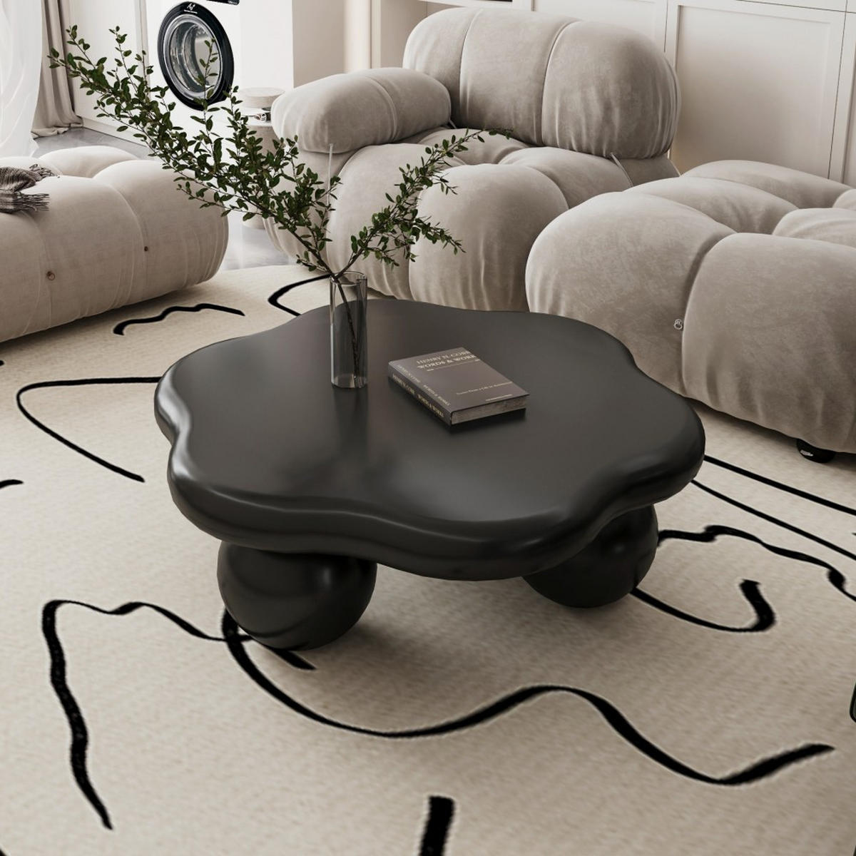 COUCHTISCH wolkenförmig 80 cm mit Kugelfüßen, matter Beistelltisch in Schwarz für kleine Wohnungen - Schwarz, Holzwerkstoff (79/79/31cm)