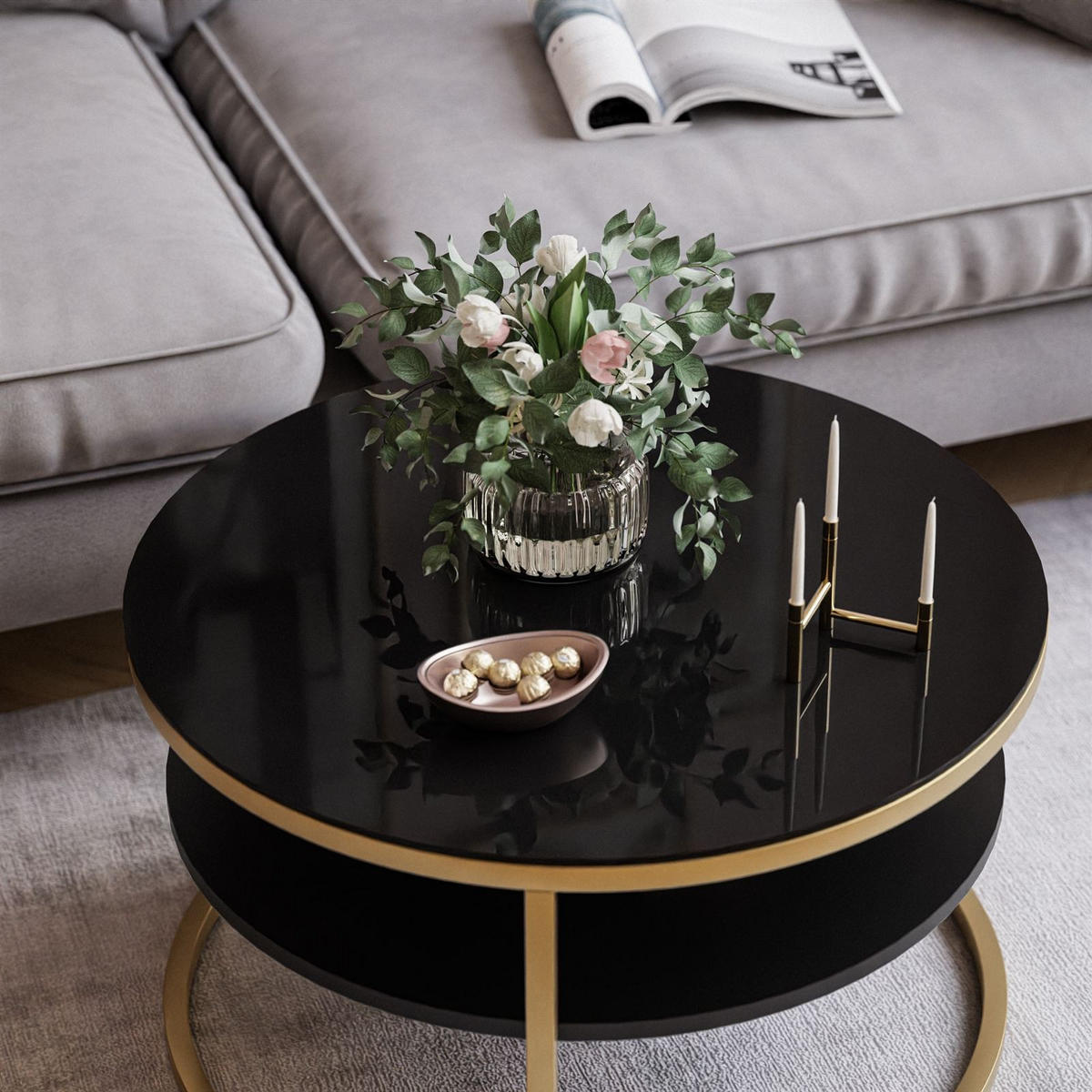 COUCHTISCH CIRI SLIM GLASS mit Regal - Goldfarben, Glas (60/60/41cm) - Lookway