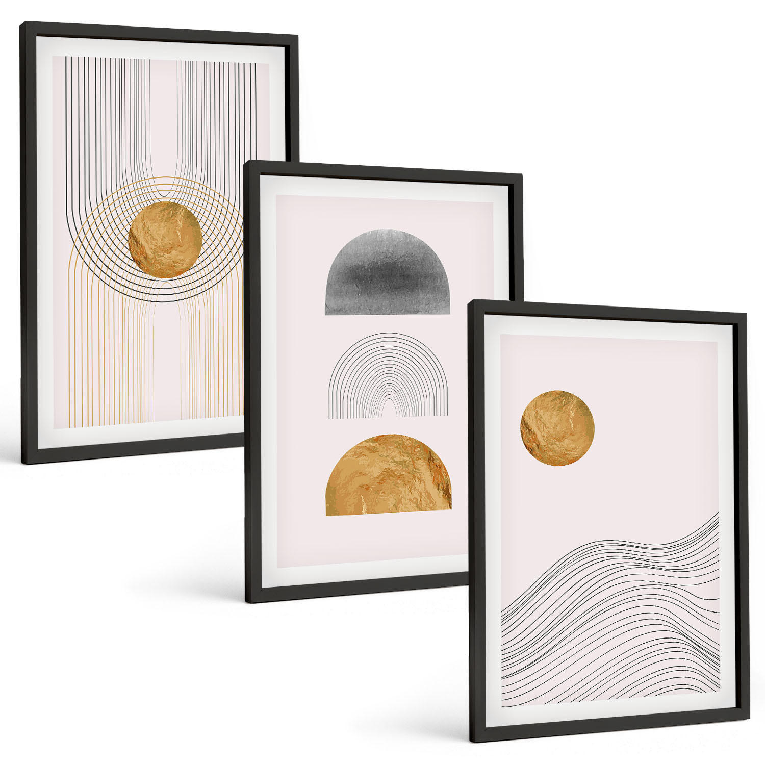 BILDER SET 3er Set - 40x60 cm Schwarzer Rahmen - Abstrakte Formen in Beige und Grau - Schwarz, Kunststoff (40/60cm) - TULUP