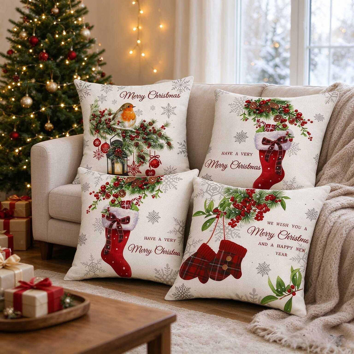 KISSENBEZUG – Weihnachtskissenbezug (Kissenfüllung nicht enthalten) – 45 x 45 cm – Multicolor(vier Stück) - Multicolor, Textil (45/45cm)