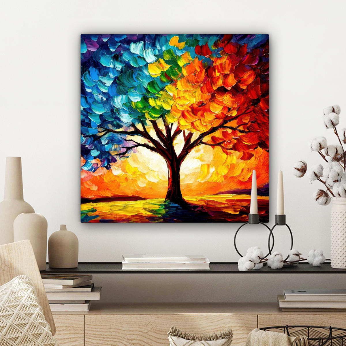 LEINWANDBILD - Baum - Kunst - Natur - Sonnenuntergang - 50x50 - Room Decor - Multicolor, Textil (50/50cm) - MuchoWow