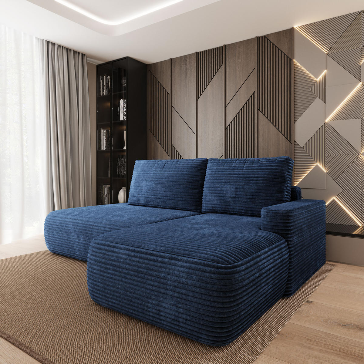 ECKSOFA AVINI T R-S Blau Kordstoff mit Schlaffunktion - Blau, Holzwerkstoff/Textil (277/160cm) - MASSENO