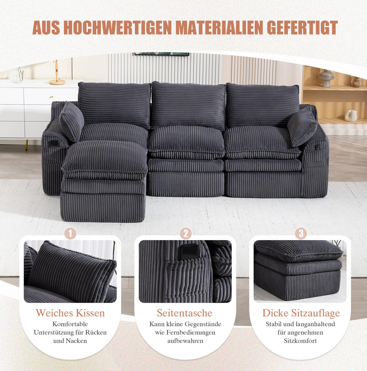 3-STIZER Sofa 263/167/85 cm frei kombinierbar mit Hocker, Seitentaschen und Federkern, Cord Dunkelgrau - Dunkelgrau, Textil (263/85/167cm) - Redom