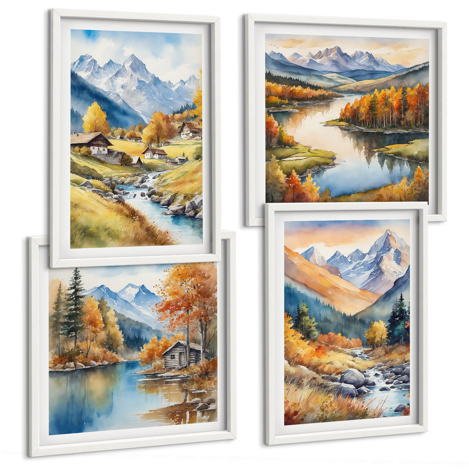 BILDER SET 4er Set - 50x50 cm & 40x60 cm Weißer Rahmen - Herbstliche Naturlandschaften - Weiß, Kunststoff (50/50cm) - TULUP