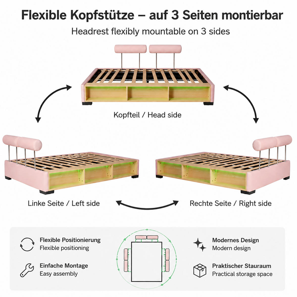 POLSTERBETT Rosa 140/200 cm mit LED und Stauraumfächern ohne Matratze - Pink, Textil (140/200cm) - MIVRAY