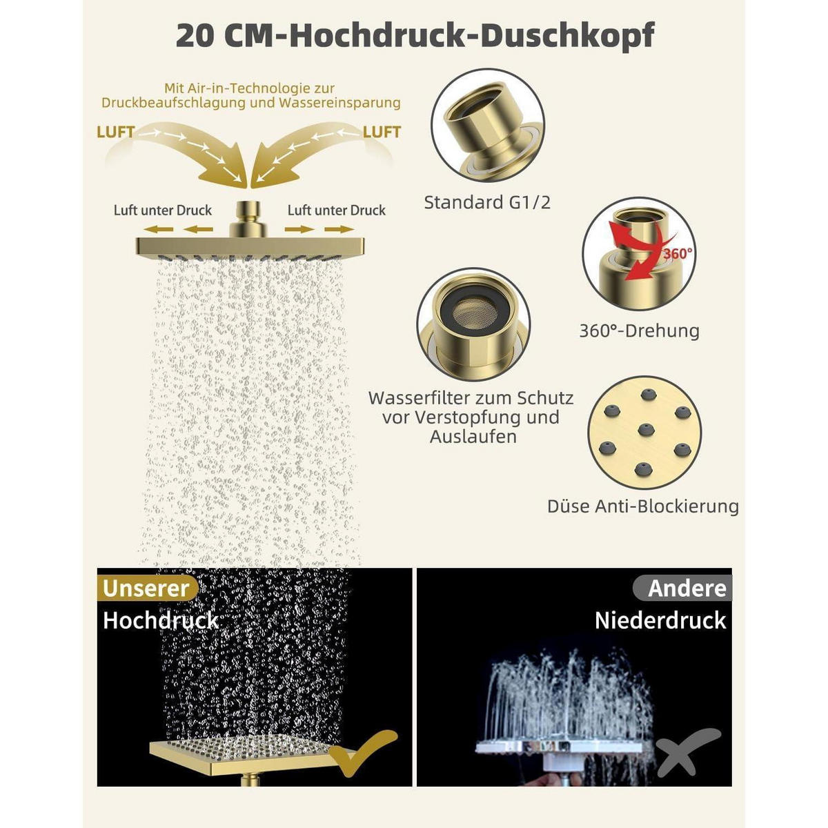 REGENBRAUSE Duschkopf 20 cm gebürstetes Gold - Goldfarben, Metall (20/12.7/20cm)