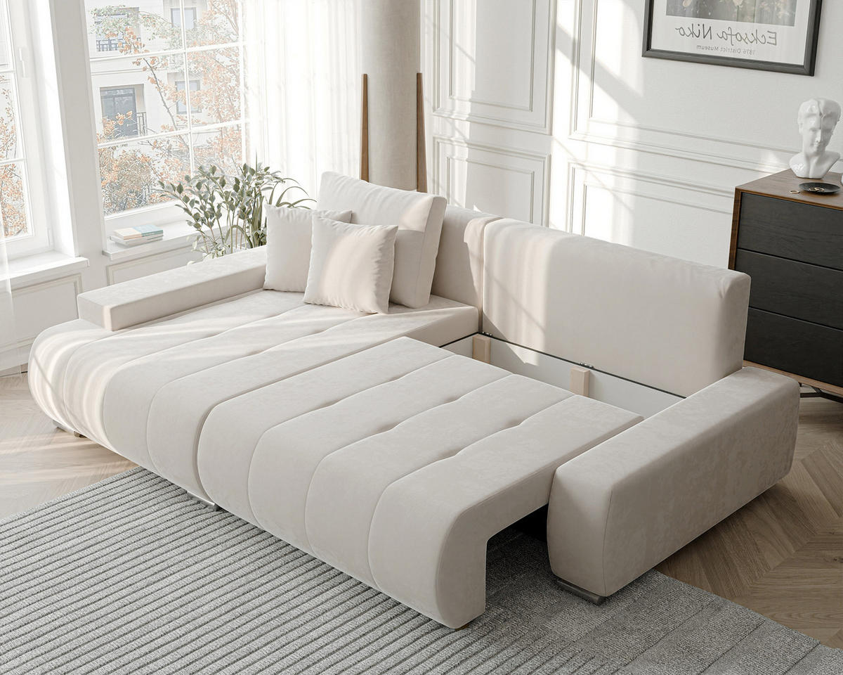 ECKSOFA NIKO Links, mit Schlaffunktion und Bettkasten, Creme - Creme, Textil (227/153cm) - Idohome