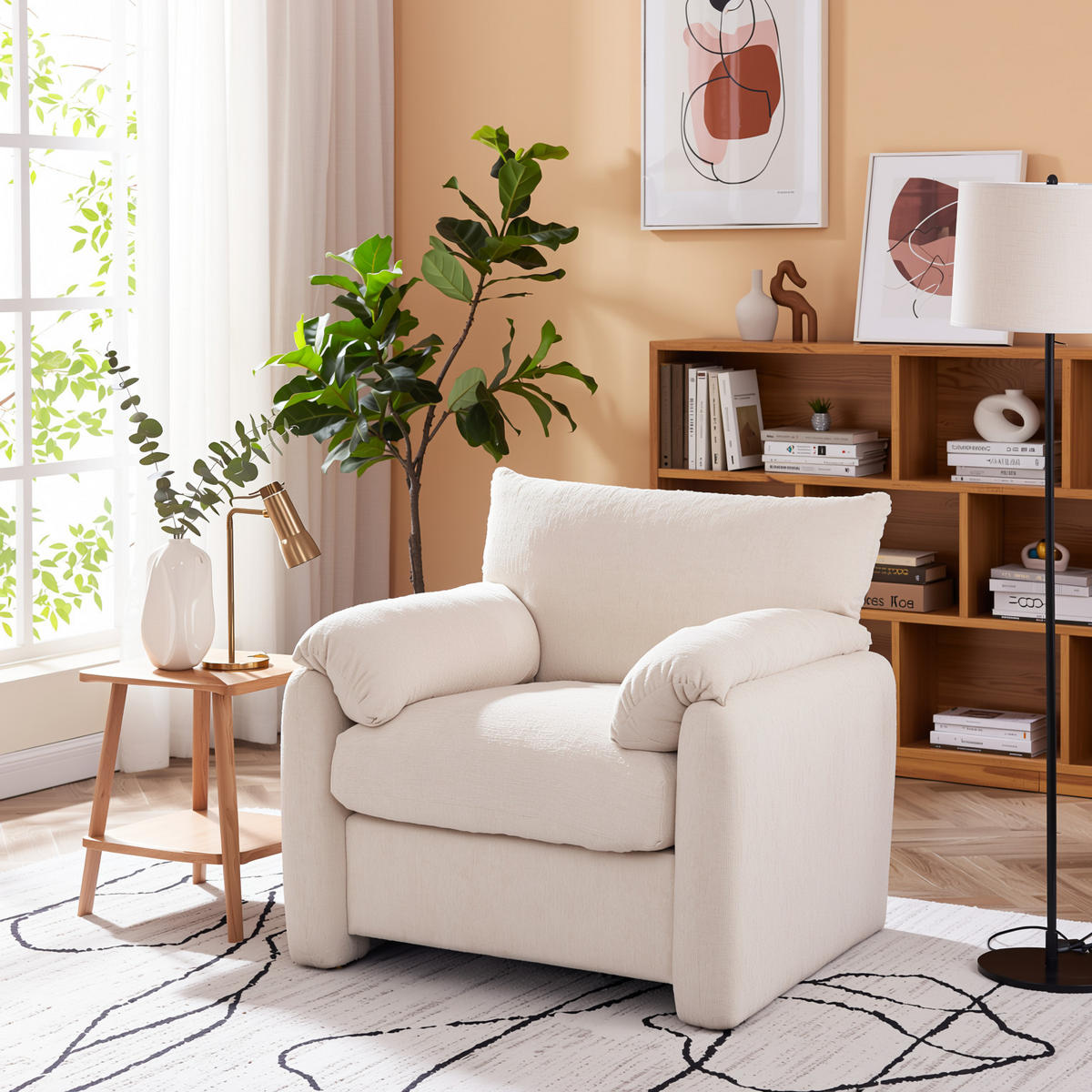 KŘESLO žinylka béžové 96 cm lounge křeslo s područkami a širokým sedákem pro obývací pokoj - béžová, textil (96/84/82cm) - Urban Meuble