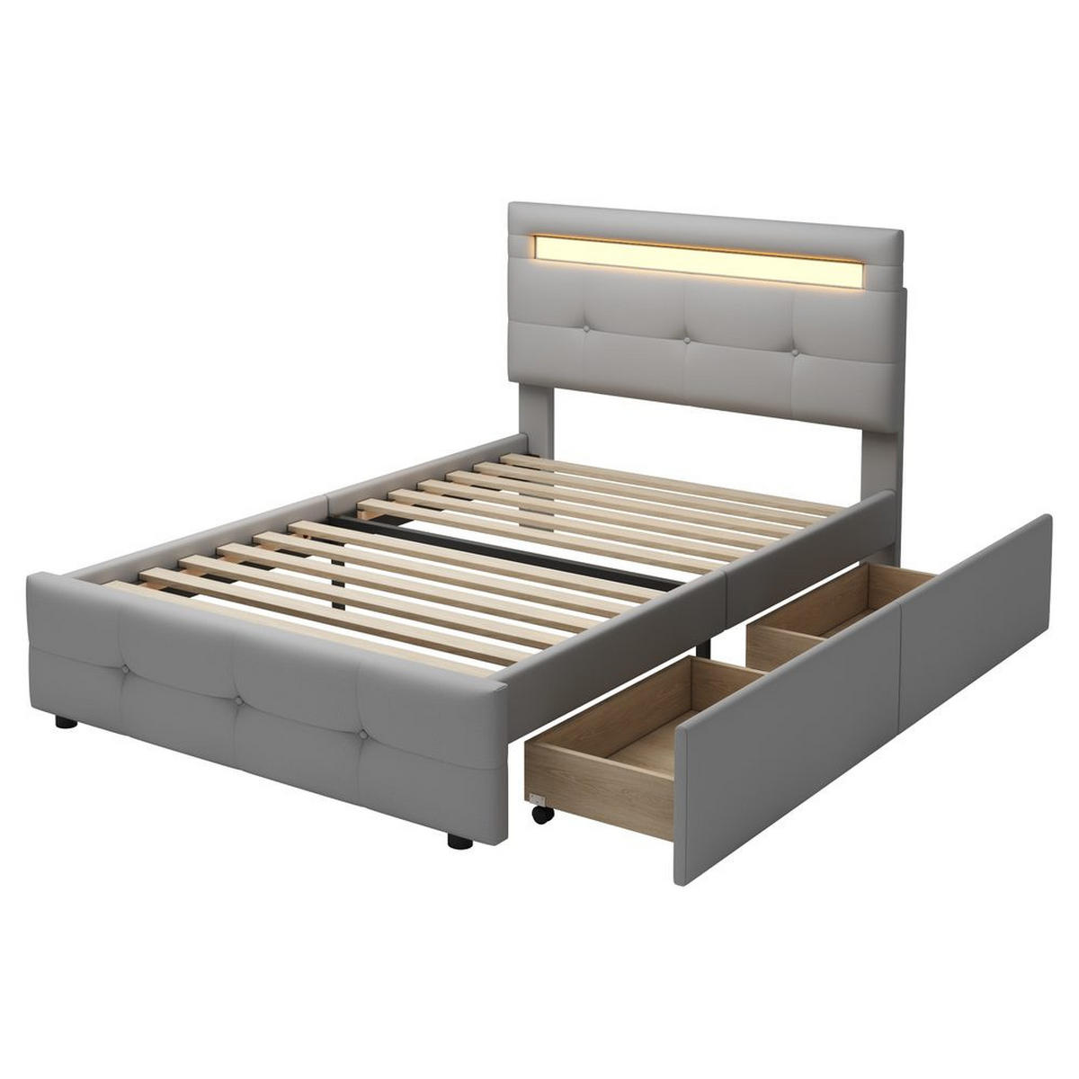 BETT 90x200 GRAU, LED, 2 SCHUBLADEN, LEINEN - Grau, Holzwerkstoff (90/200cm)