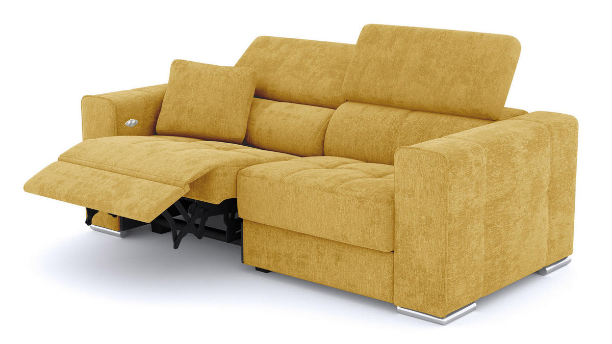 SOFA QUARTZ 3-Sitzer mit 1 Relaxfunktion, honig - Silberfarben/Honig, Holzwerkstoff/Textil (204/80/102cm) - Courtois Laville