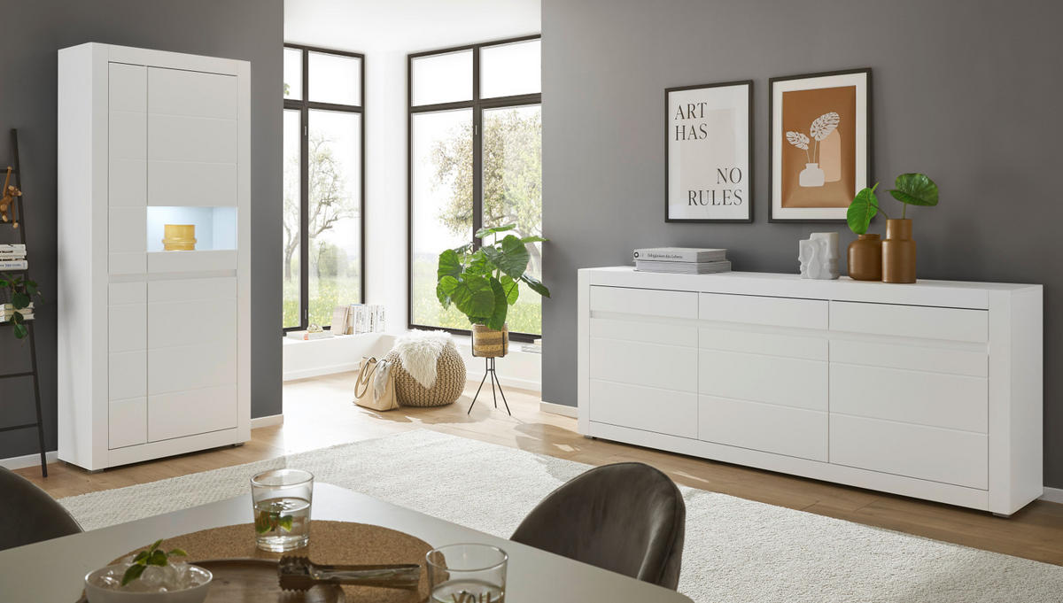 SIDEBOARD weiß matt, Evoke Eiche, Kommode 217 x 90 cm, Soft-Close-Funktion - Eichefarben/Silberfarben, Holzwerkstoff/Kunststoff (217/90/42cm) - Furn.Design