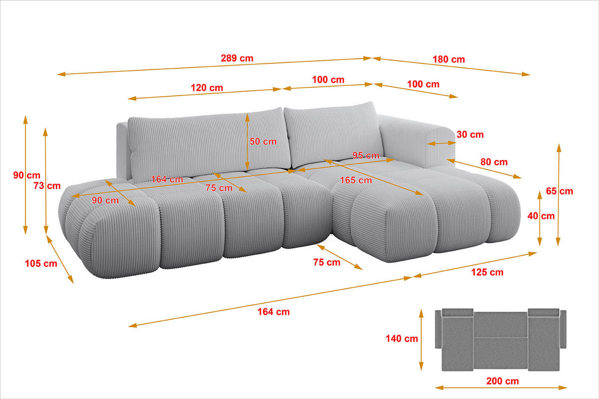 ECKSOFA Ottomane Rechts CLOUD-L 289x180x40 Grau Cord - Grau, Holzwerkstoff/Kunststoff (289/180cm) - ALTDECOR