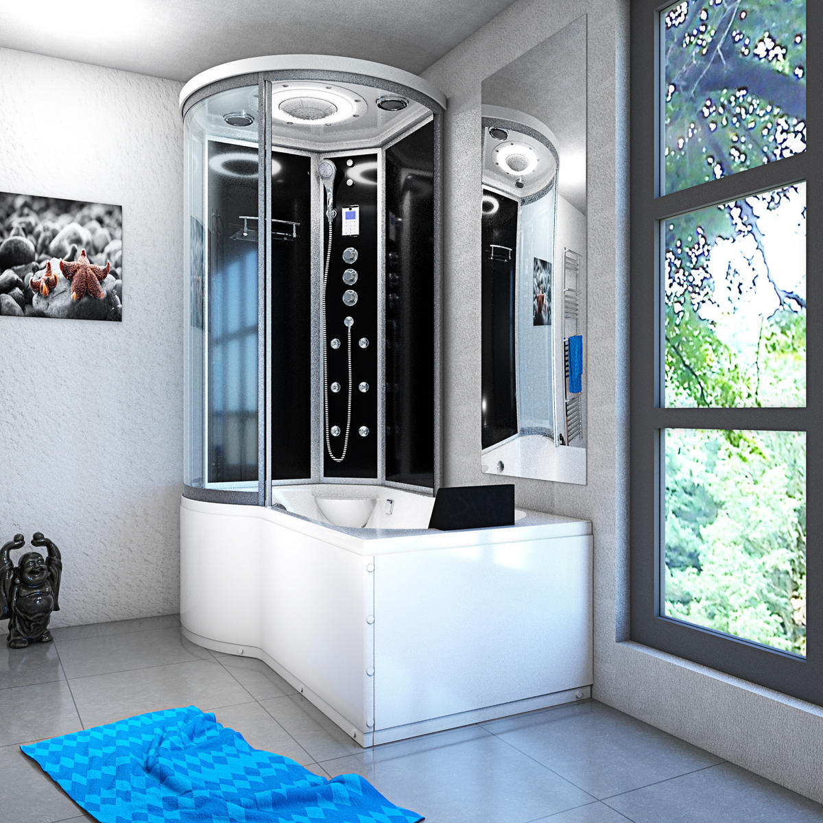 DUSCHKABINE mit Wanne K55-R33 Schwarz 100x170 - Schwarz, Glas/Kunststoff (98/170/220cm) - AcquaVapore by Sandra Jentho