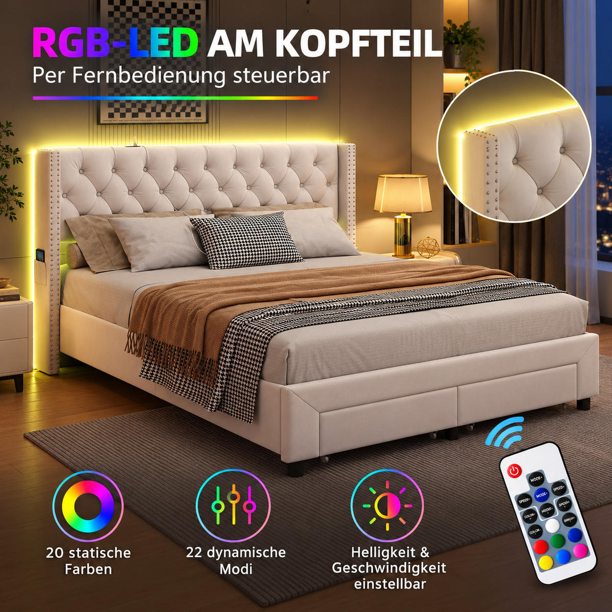 POLSTERBETT 180/200 cm mit LED-Beleuchtung, USB-Ladestation & 2 Aufbewahrungsschubladen, Chesterfield Knopfsteppung mit Nietenbesatz - Beige, Holz/Metall (180/200cm) - Joyfair