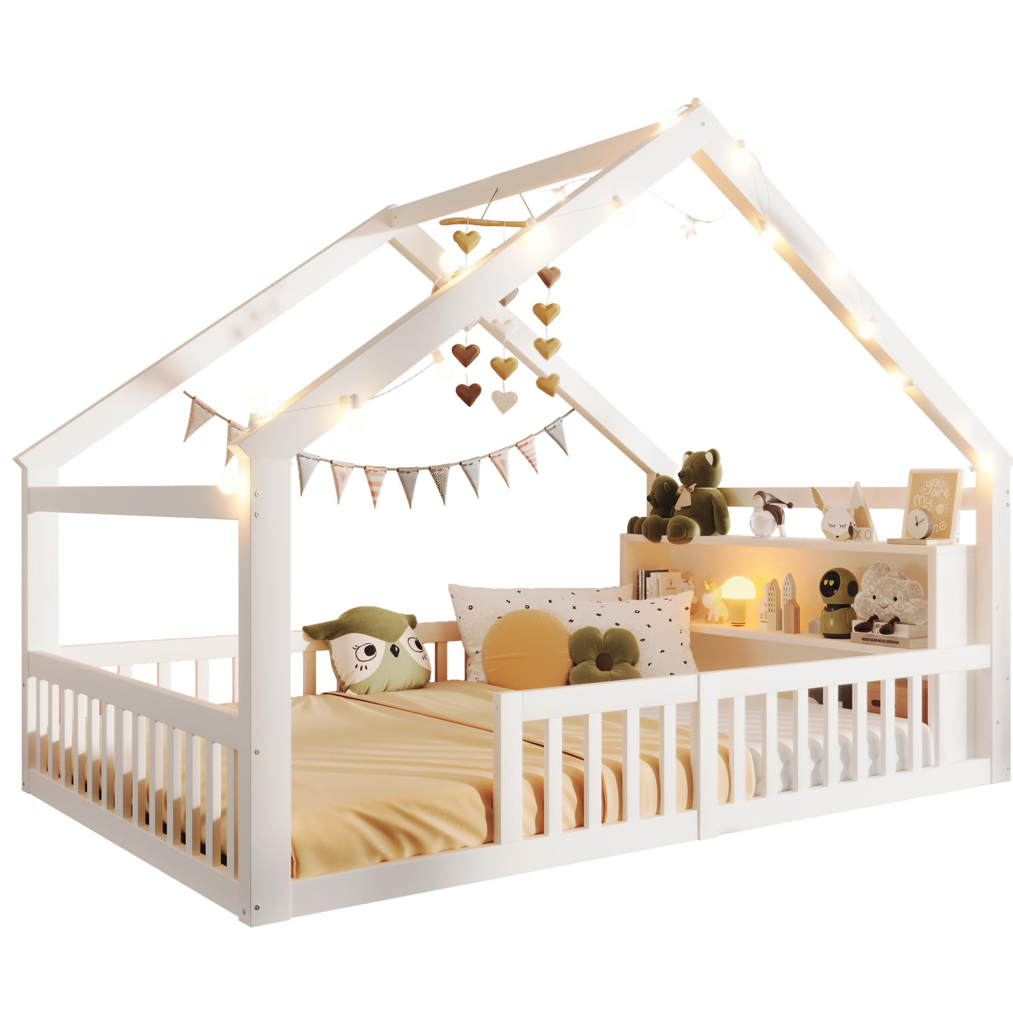 HAUSBETT 140/190 cm Weiß aus Kiefernholz und MDF mit Schutzgitter und Seitenregal - Weiß, Holz (140/190cm) - OKMYHOME
