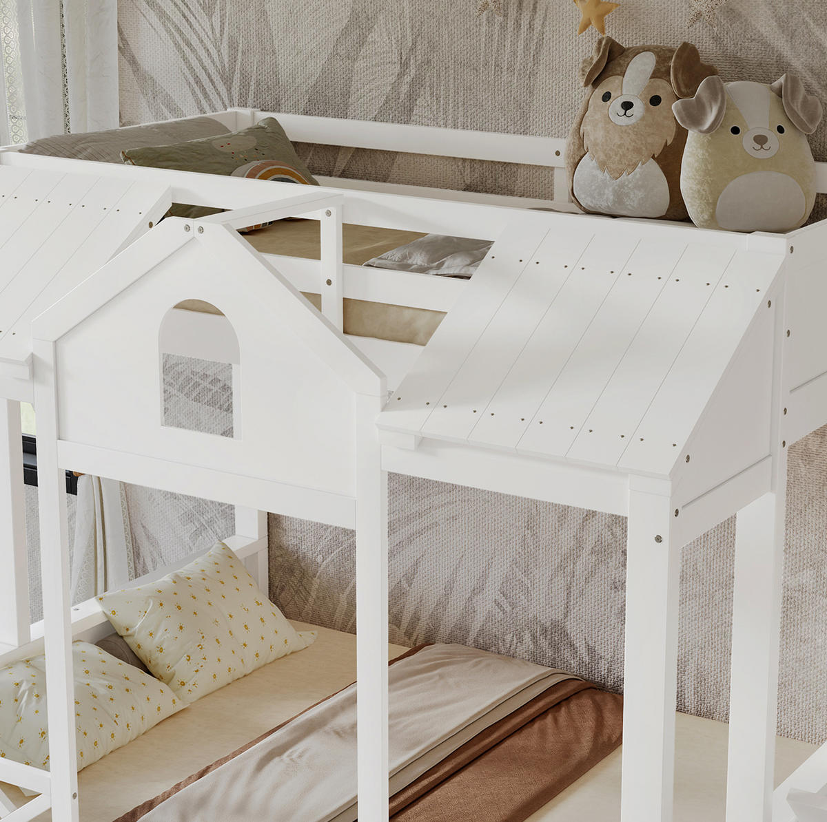 ETAGENBETT aus Kiefer/MDF 254,5x145x170 cm Weiß mit 2 Schubladen, Treppenschrank und Spielhaus-Design - Weiß, Holzwerkstoff (90/200cm) - Modfu