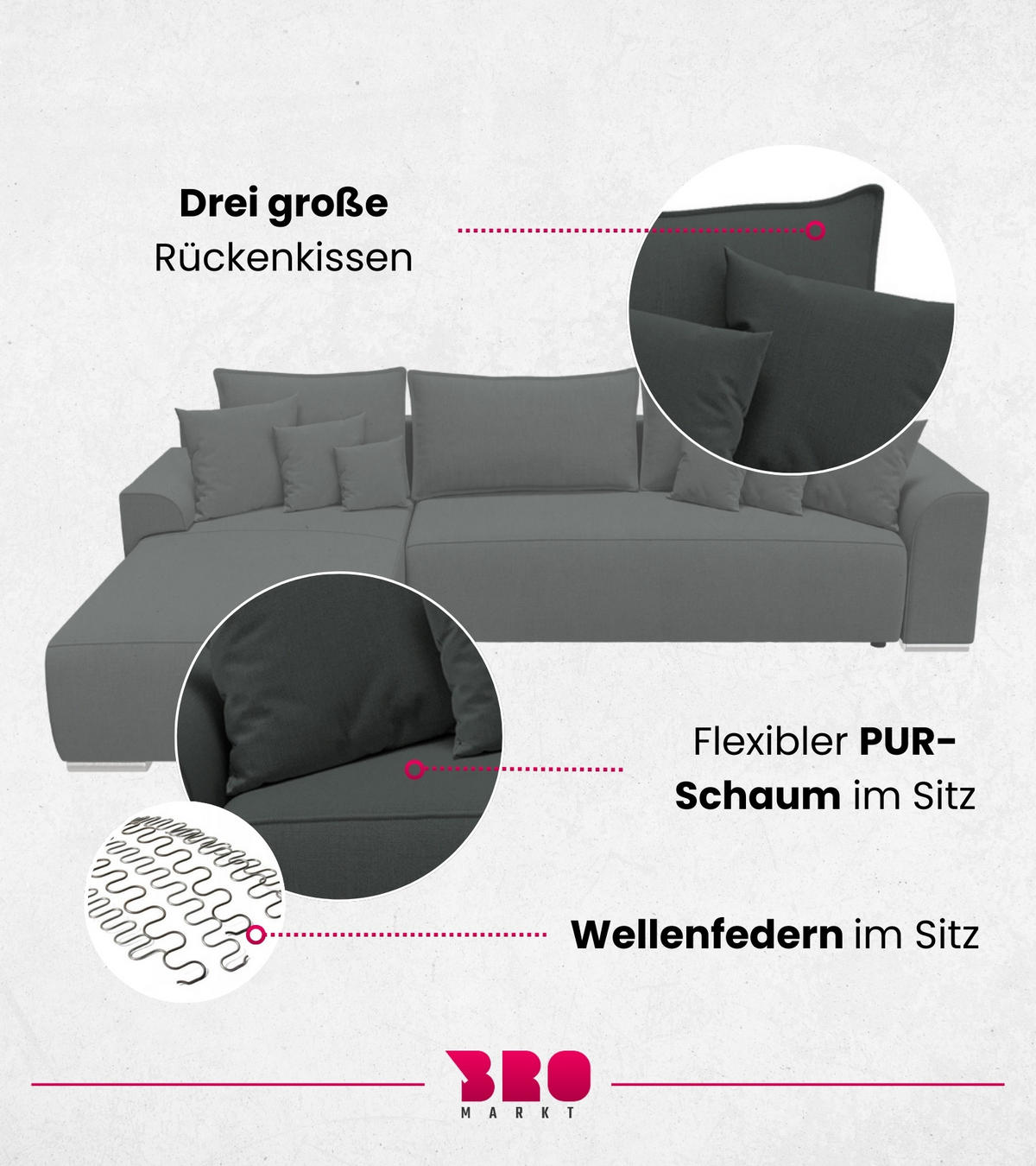 ECKSOFA Sydney mit Schlaffunktion Graphitfarben Leinenoptik - Graphitfarben, Textil (280/184cm) - Bromarkt